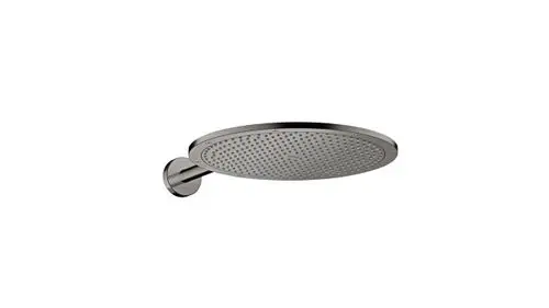 Kopfbrause in poliertem Schwarzchrom von AXOR, rundes Design mit gleichmäßig verteilten Düsen zur Wasserausgabe, montiert am Wandarm.
